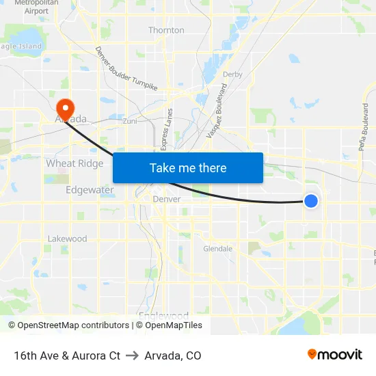16th Ave & Aurora Ct to Arvada, CO map