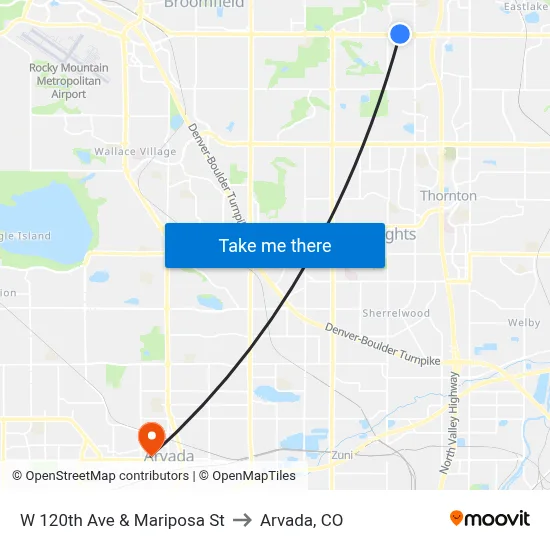 W 120th Ave & Mariposa St to Arvada, CO map
