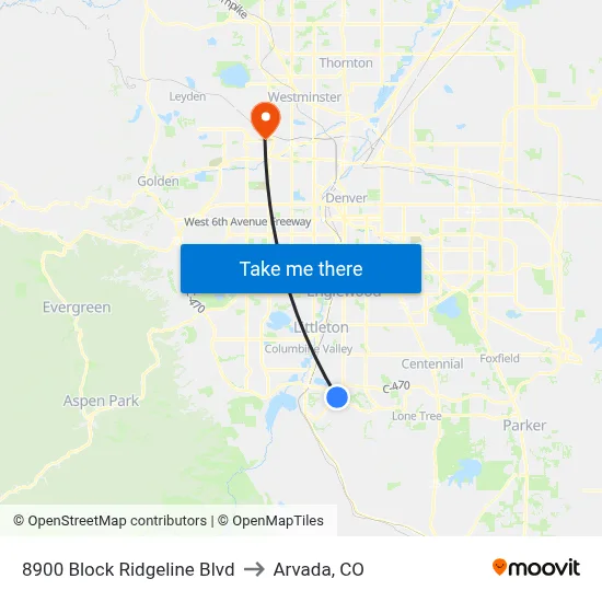 8900 Block Ridgeline Blvd to Arvada, CO map