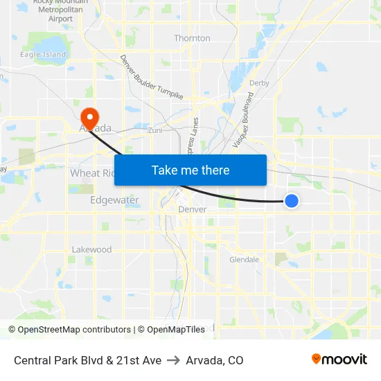 Central Park Blvd & 21st Ave to Arvada, CO map