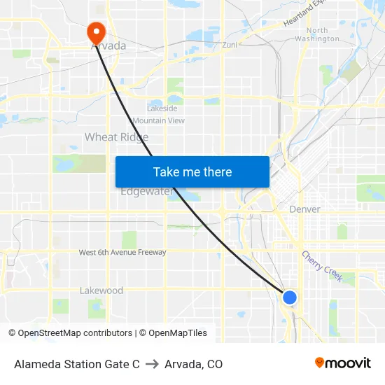 Alameda Station Gate C to Arvada, CO map
