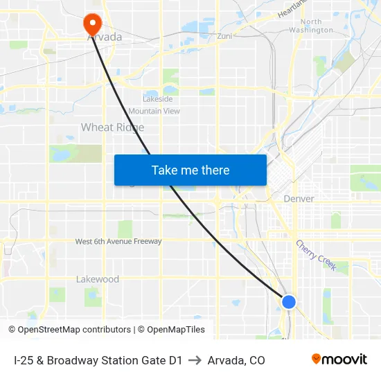 I-25 & Broadway Station Gate D1 to Arvada, CO map
