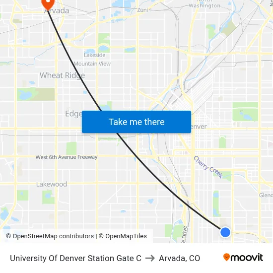 University Of Denver Station Gate C to Arvada, CO map