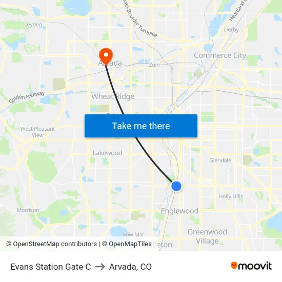 Evans Station Gate C to Arvada, CO map