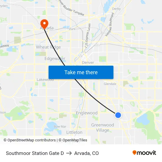 Southmoor Station Gate D to Arvada, CO map