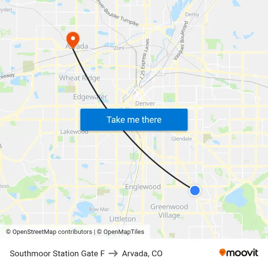 Southmoor Station Gate F to Arvada, CO map