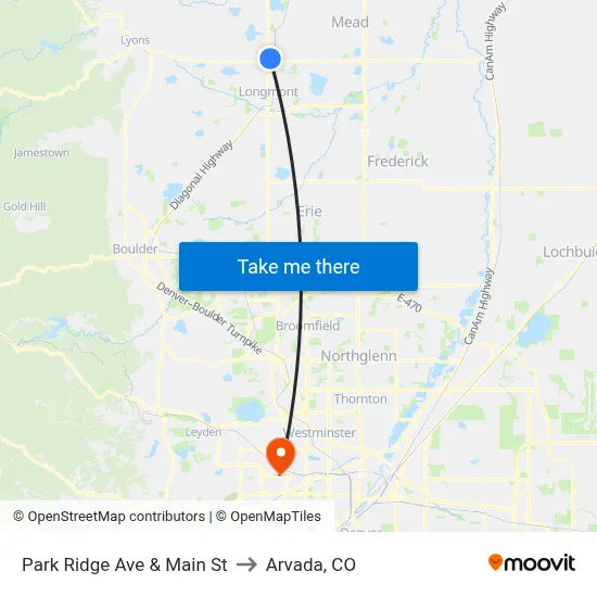 Park Ridge Ave & Main St to Arvada, CO map