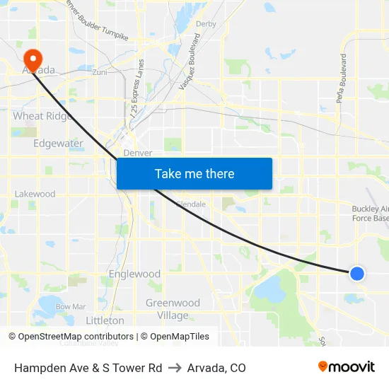 Hampden Ave & S Tower Rd to Arvada, CO map