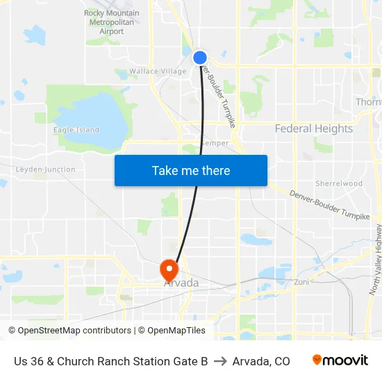 Us 36 & Church Ranch Station Gate B to Arvada, CO map