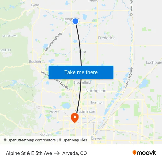 Alpine St & E 5th Ave to Arvada, CO map