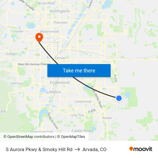 S Aurora Pkwy & Smoky Hill Rd to Arvada, CO map