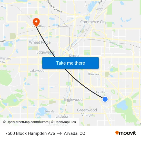 7500 Block Hampden Ave to Arvada, CO map