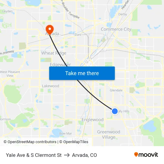 Yale Ave & S Clermont St to Arvada, CO map