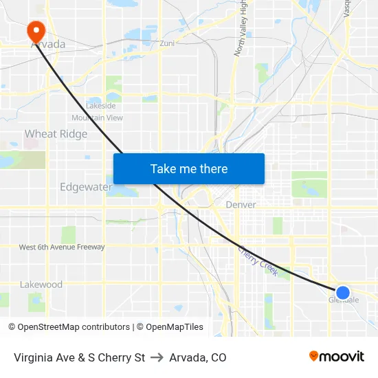 Virginia Ave & S Cherry St to Arvada, CO map