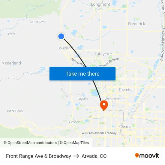Front Range Ave & Broadway to Arvada, CO map