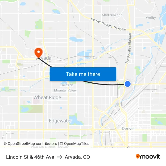 Lincoln St & 46th Ave to Arvada, CO map