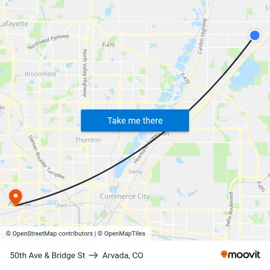 50th Ave & Bridge St to Arvada, CO map