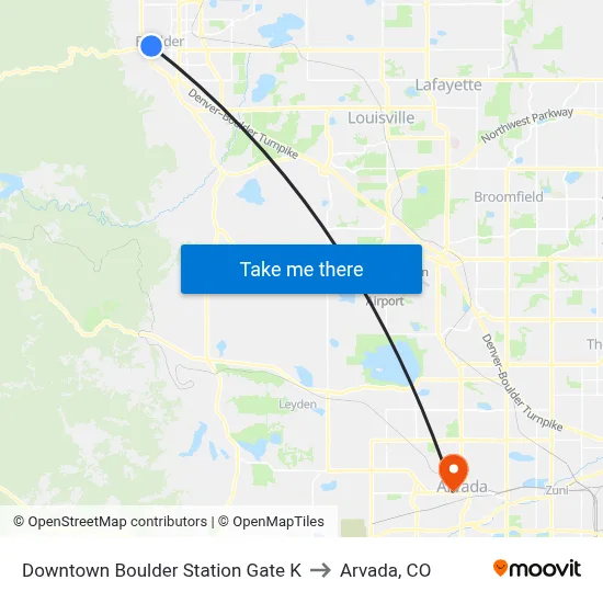 Downtown Boulder Station Gate K to Arvada, CO map