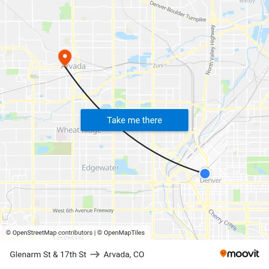 Glenarm St & 17th St to Arvada, CO map