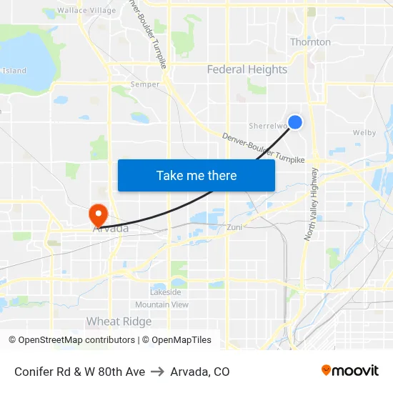 Conifer Rd & W 80th Ave to Arvada, CO map