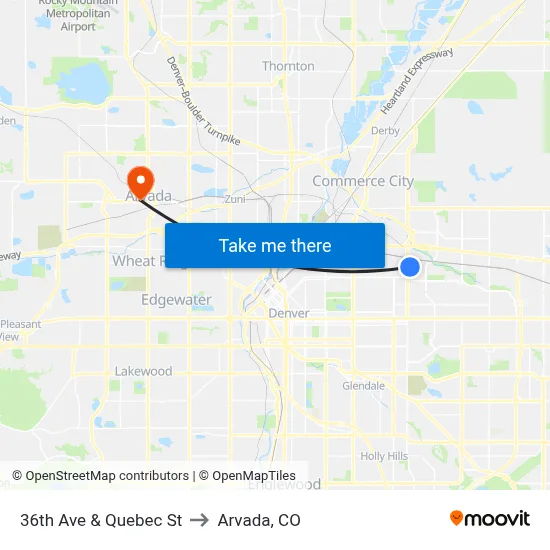 36th Ave & Quebec St to Arvada, CO map