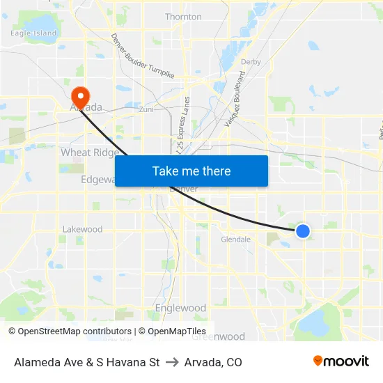 Alameda Ave & S Havana St to Arvada, CO map