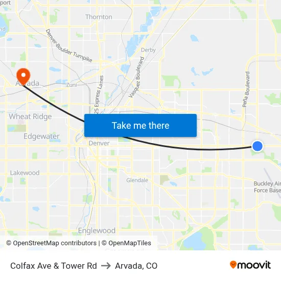 Colfax Ave & Tower Rd to Arvada, CO map