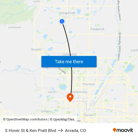 S Hover St & Ken Pratt Blvd to Arvada, CO map