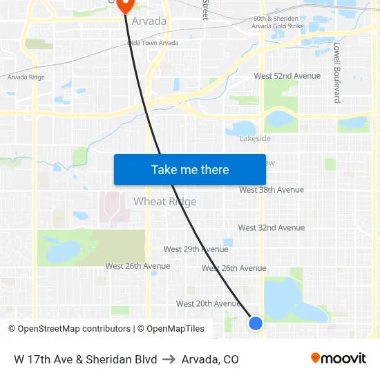 W 17th Ave & Sheridan Blvd to Arvada, CO map