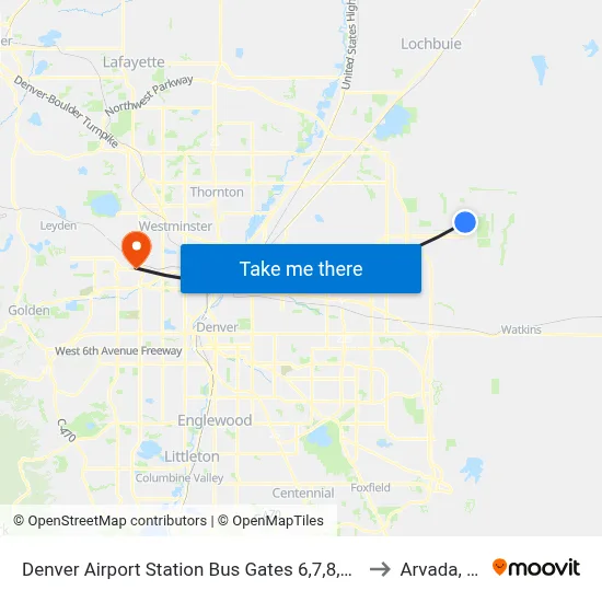 Denver Airport Station Bus Gates 6,7,8,9 & 10 to Arvada, CO map