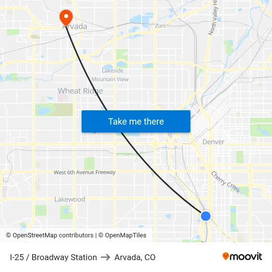 I-25 / Broadway Station to Arvada, CO map