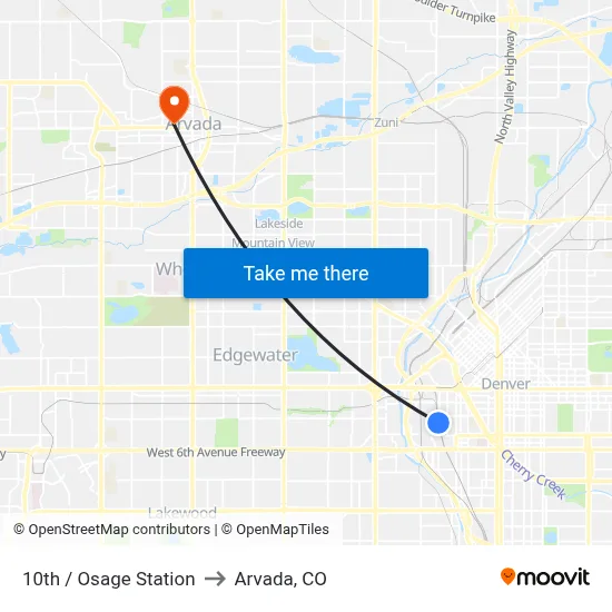 10th / Osage Station to Arvada, CO map
