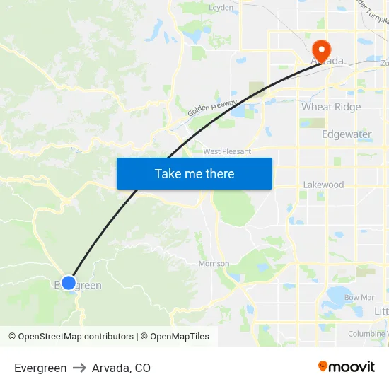 Evergreen to Arvada, CO map