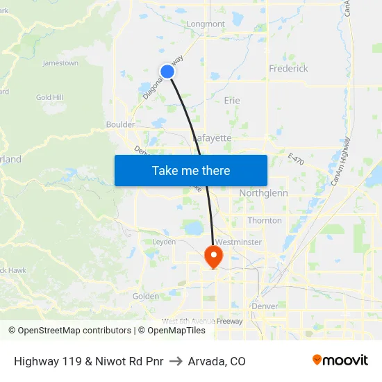 Highway 119 & Niwot Rd Pnr to Arvada, CO map