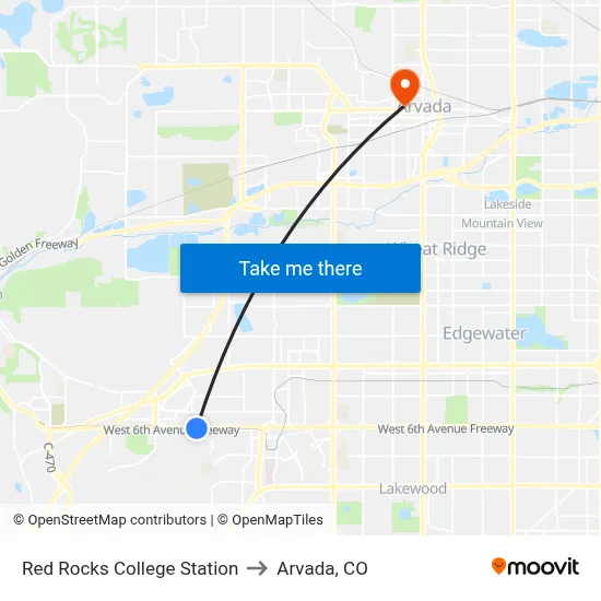 Red Rocks College Station to Arvada, CO map