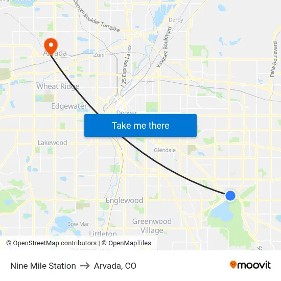 Nine Mile Station to Arvada, CO map