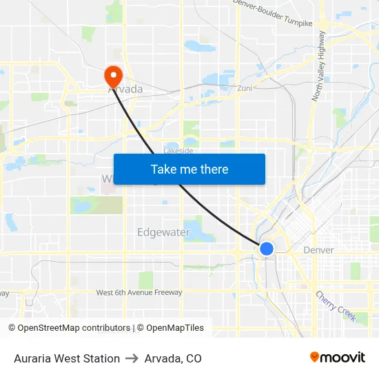 Auraria West Station to Arvada, CO map