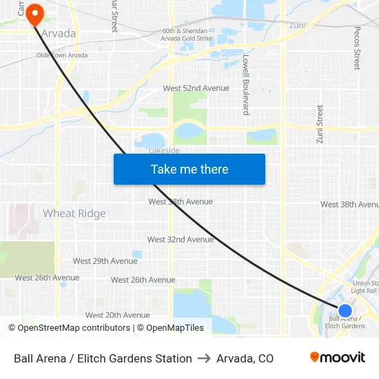 Ball Arena / Elitch Gardens Station to Arvada, CO map