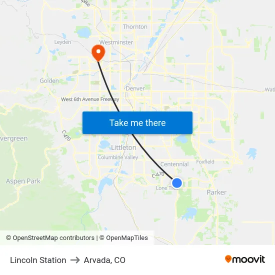 Lincoln Station to Arvada, CO map