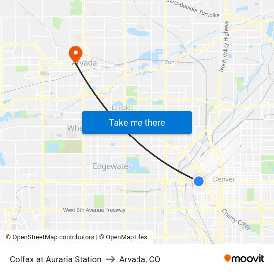 Colfax at Auraria Station to Arvada, CO map