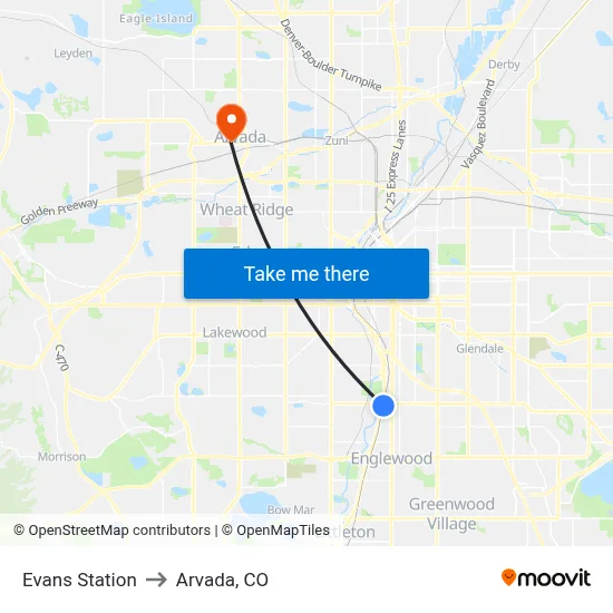 Evans Station to Arvada, CO map