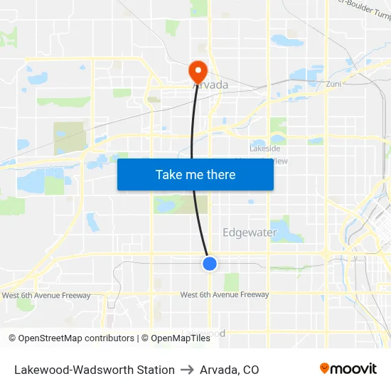 Lakewood-Wadsworth Station to Arvada, CO map