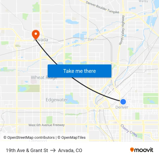 19th Ave & Grant St to Arvada, CO map