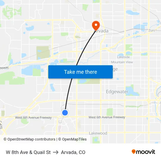 W 8th Ave & Quail St to Arvada, CO map