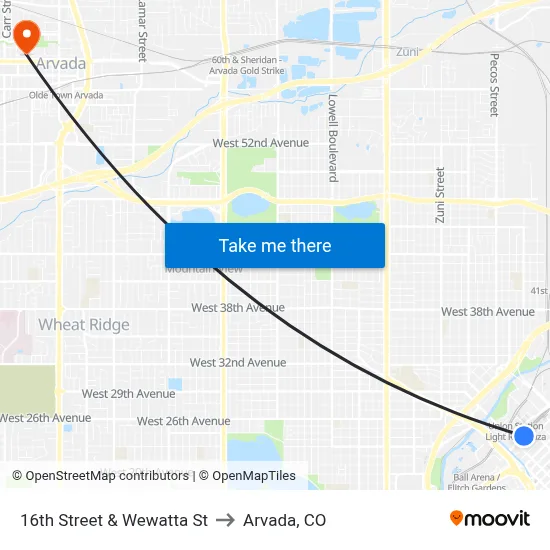 16th Street & Wewatta St to Arvada, CO map