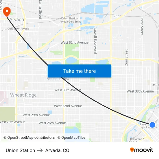 Union Station to Arvada, CO map