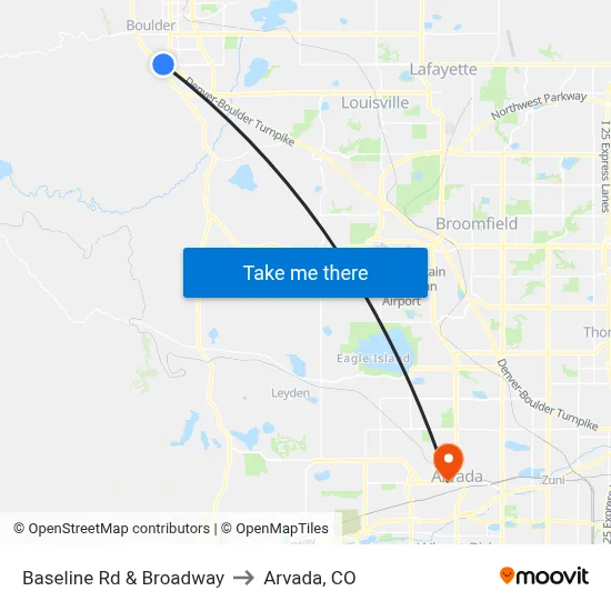 Baseline Rd & Broadway to Arvada, CO map