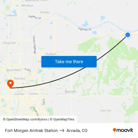 Fort Morgan Amtrak Station to Arvada, CO map