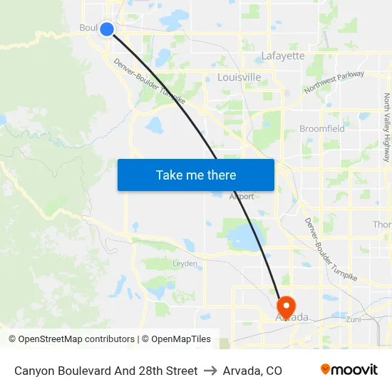 Canyon Boulevard And 28th Street to Arvada, CO map