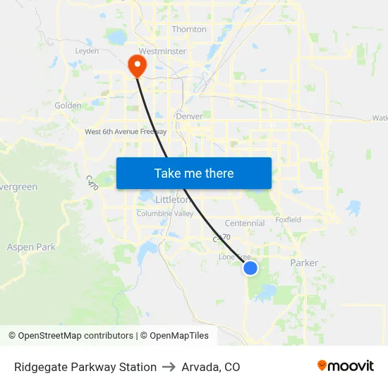 Ridgegate Parkway Station to Arvada, CO map